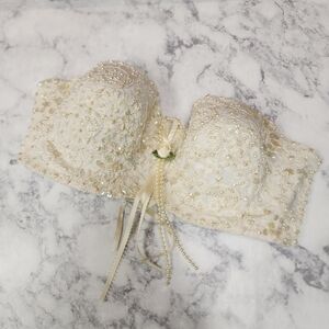Vintage Pearl Lace Bra Bustier w White Rose Detail